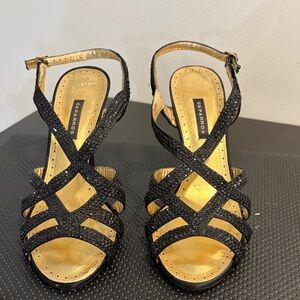 Caparros Black Strappy Crystal Evening Heels with Gold Footbed